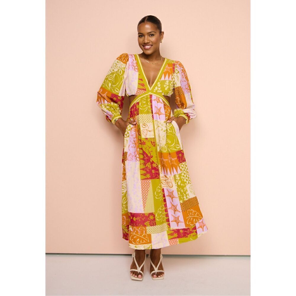 Mon Renn Cove Patchwork Long Sleeve Midi Dress In Patchwork Size S NWT $189 - Picture 2 of 12